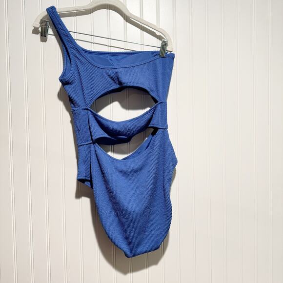 Aerie Blue Crinkle Cut Out One Shoulder One Piece Swimsuit Size Large - Picture 6 of 6